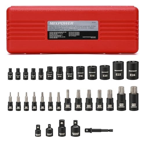 32PCS Torx Bit Socket Set – 14 Star Bits (T8-T70) & 13 E-Torx Sockets (E4-E24) C