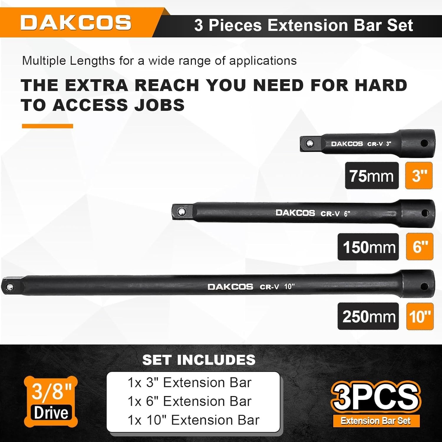 3/8-Inch Drive Impact Extension Bar Set 3 Pieces 3 6 10 Inch