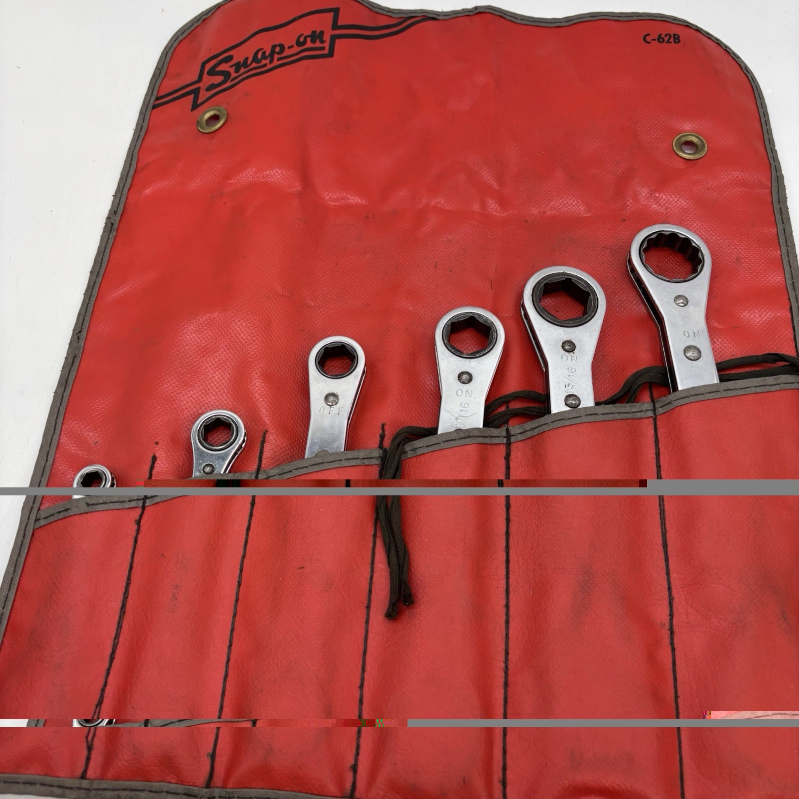 SnapOn C-62B 6 pc Double Ended SAE Ratcheting Wrench Set With Roll Pouch Vintage