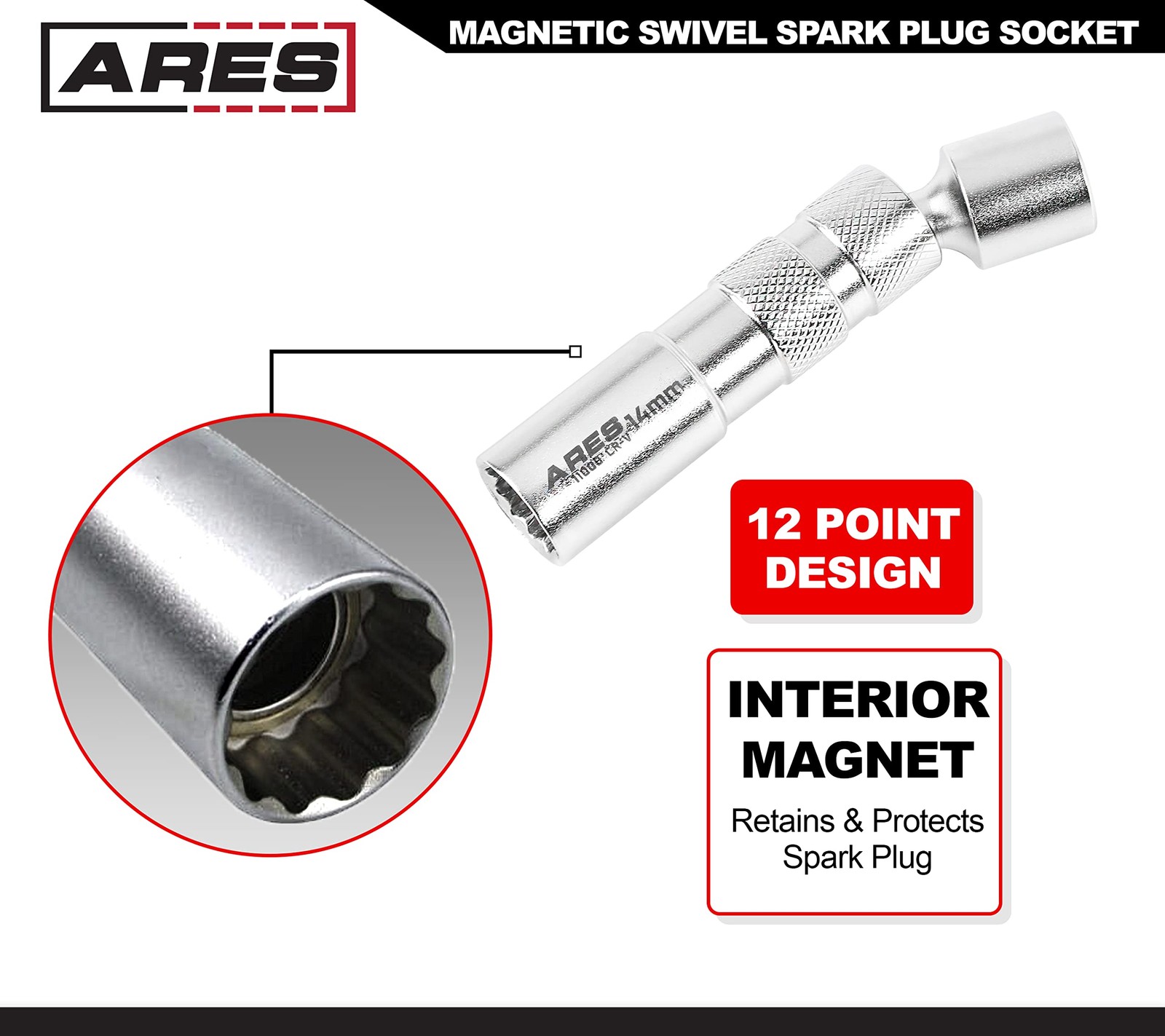 ARES 11000-14mm Thin Wall Magnetic Swivel 14mm Spark Plug Socket