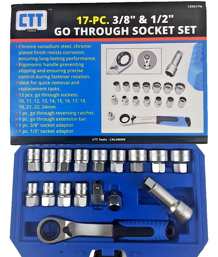 17-PC Metric 3/8″ and 1/2″ Driver GO THROUGH Pass-go-thru Socket Ratcheting SET