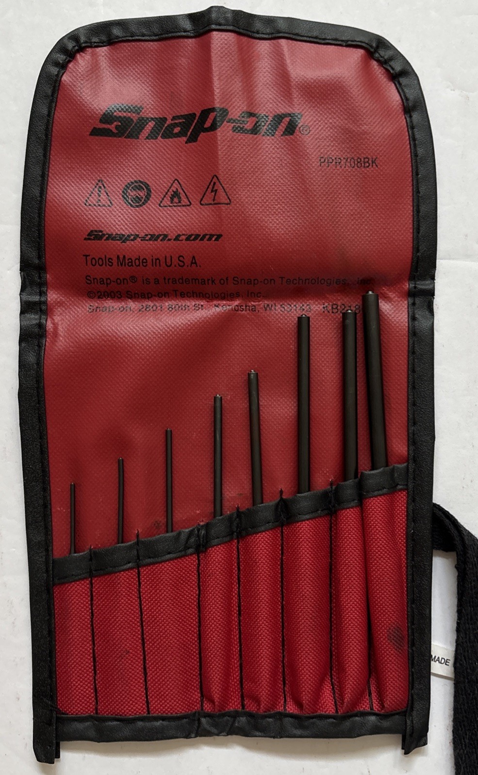 Snap On 8 Piece Roll Pin Punch Set PPR708BK