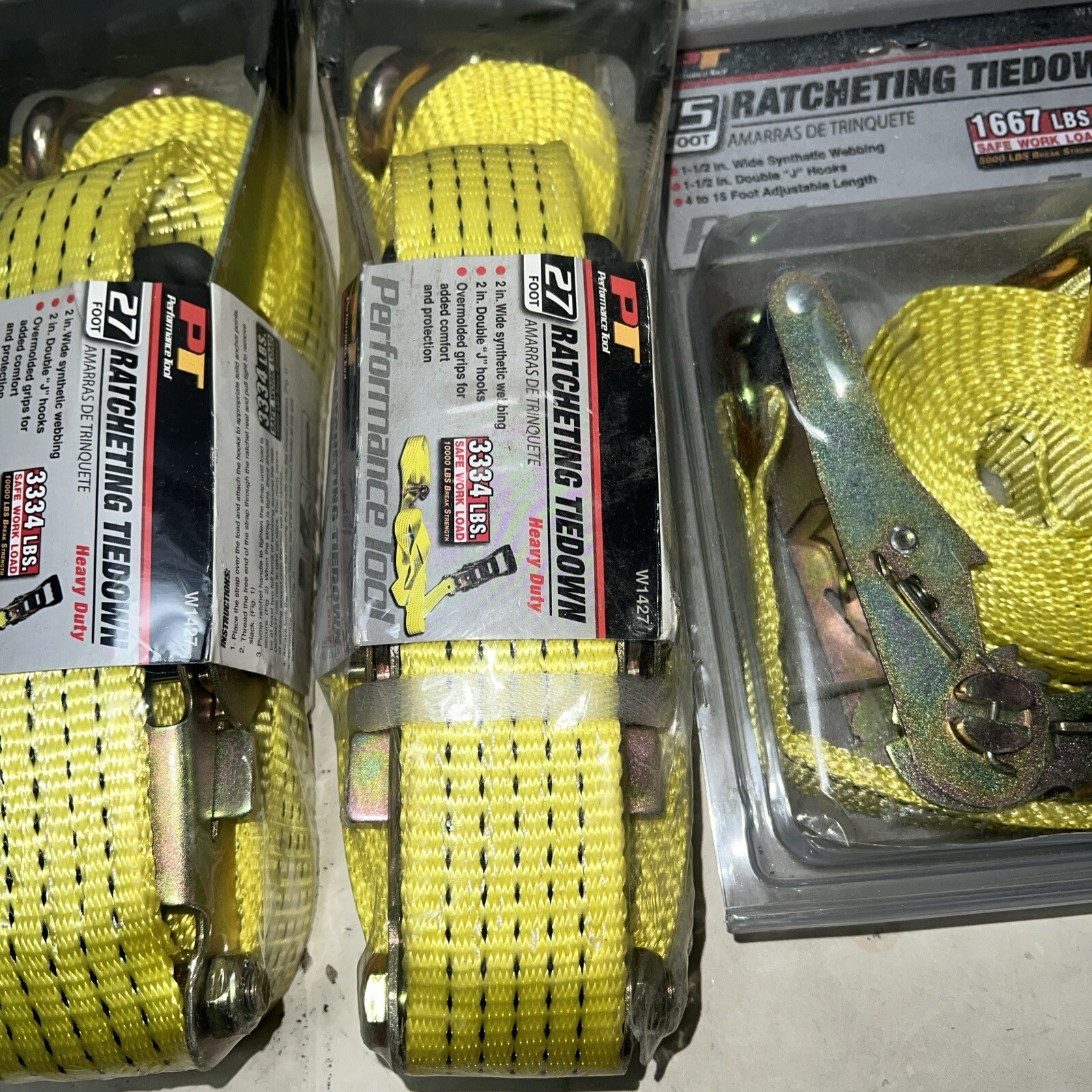 2 W1427 PT /2″ x 27′ Ratchet Straps And 2 W1426 1 1/2 X 15’ Straps