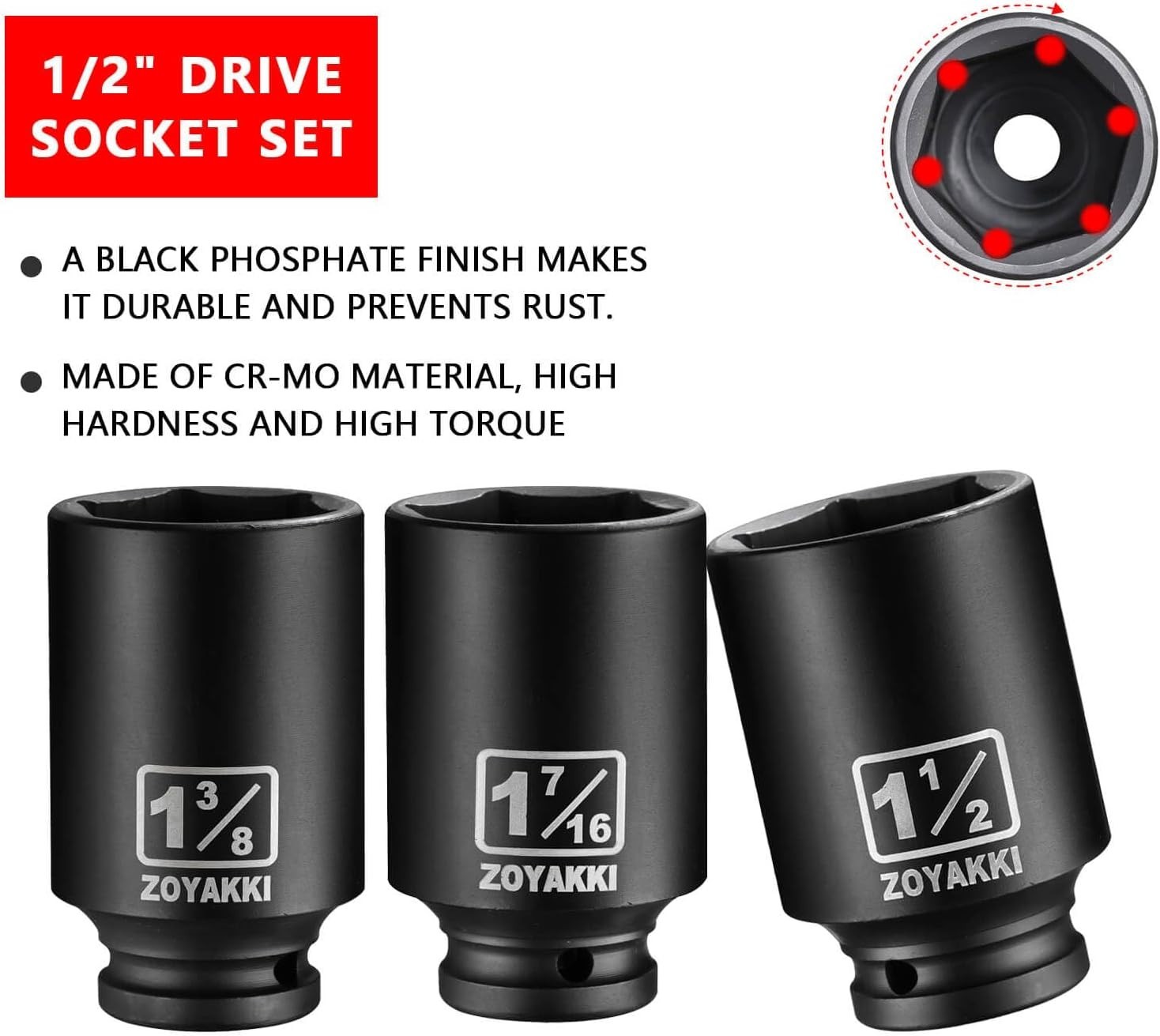 1/2 inch Drive Impact Socket Set 7 pcs SAE Deep 6-Point Chrome Molybdenum Steel