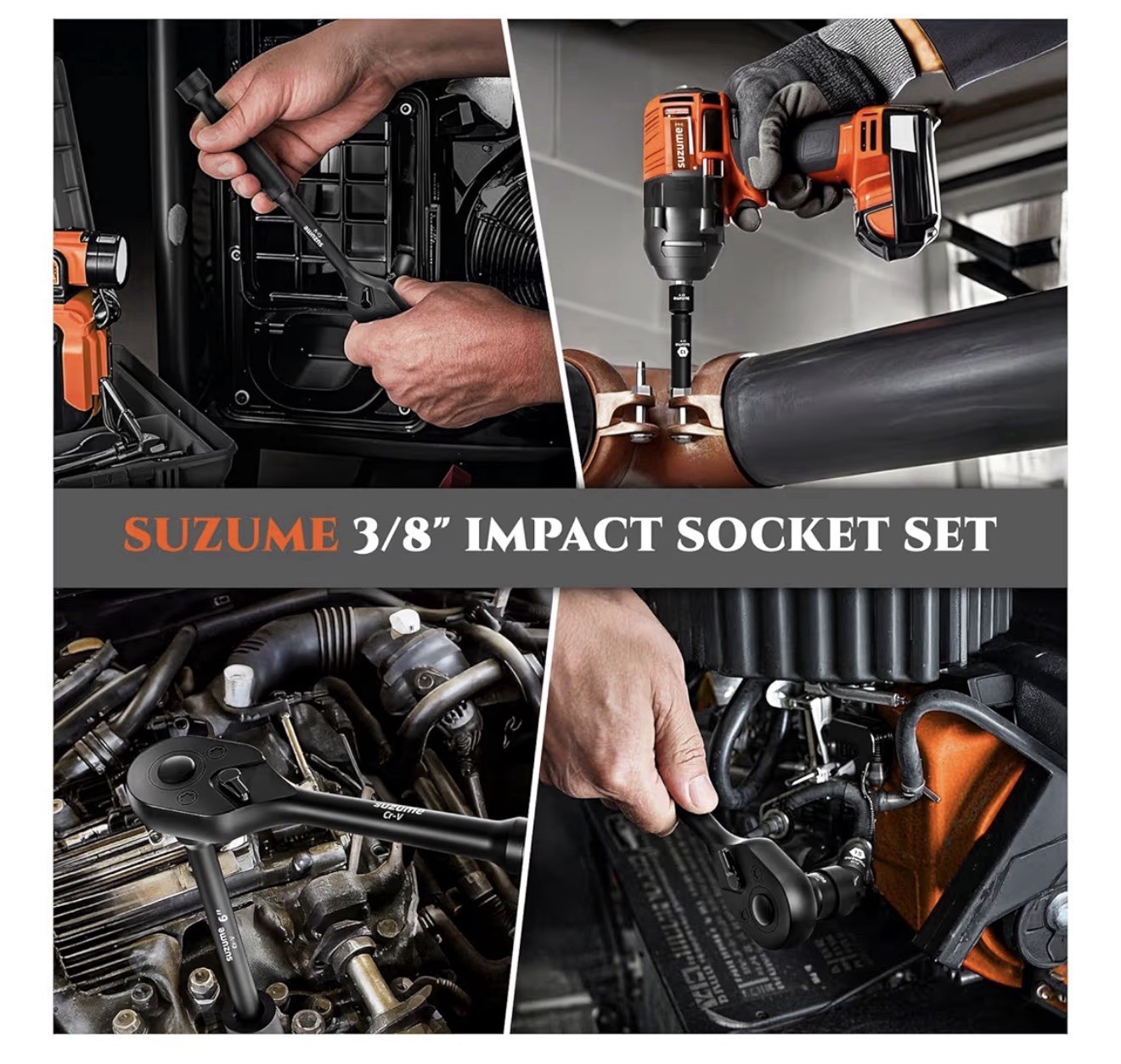 SUZUME 3/8 Impact Socket Set, Cr-V Steel, 6 Point, 3/8″ Drive, 50-Piece