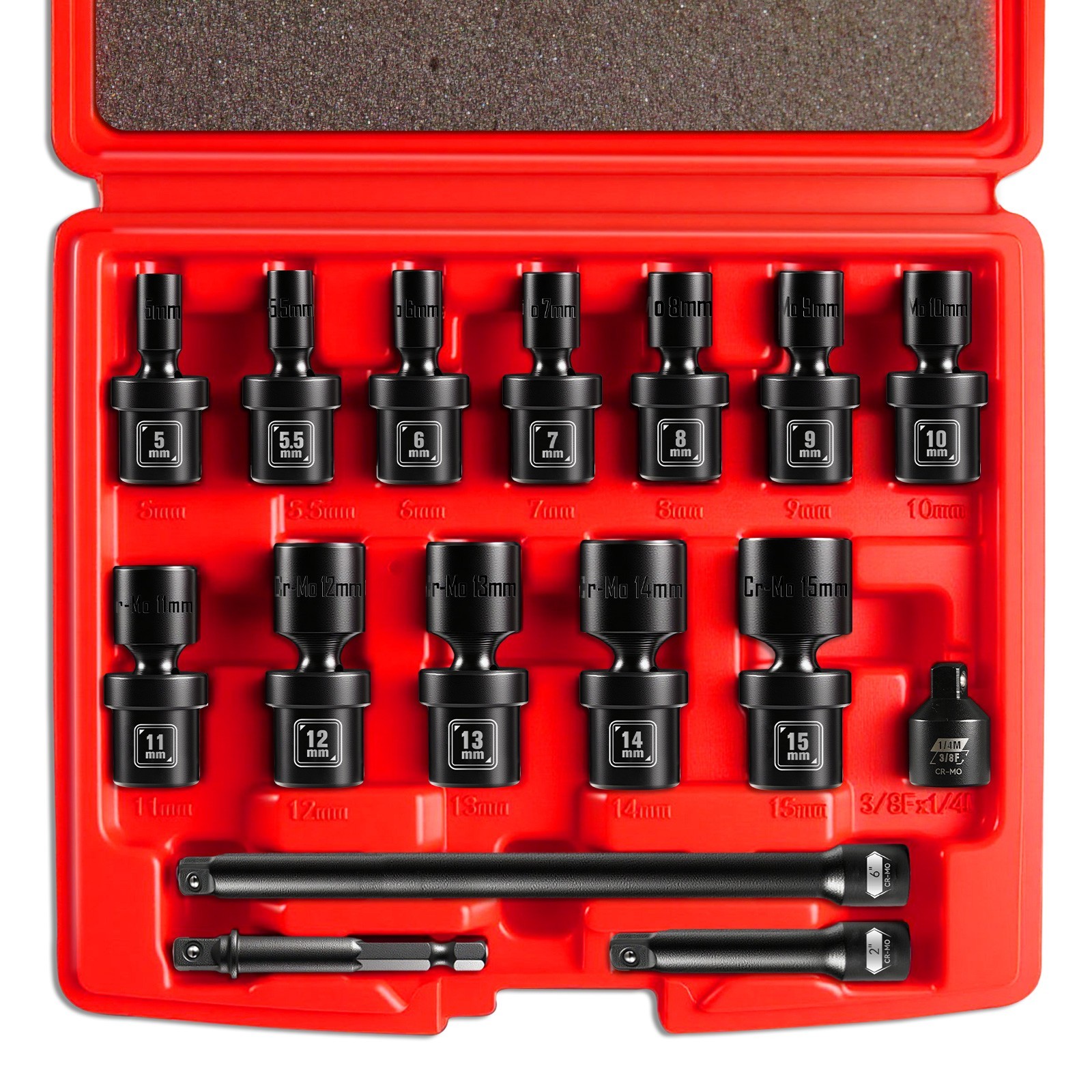 1/4″ Drive Universal Impact Socket Set, 16-Pcs Metric Size (5, 5.5, 6-15mm)