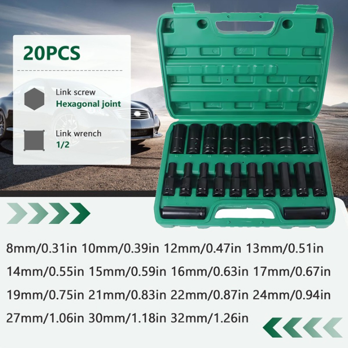 Impact Sockets Set 1/2Inch Drive 20 PCS Metric 8mm-32mm Deep 6-Point Set w/case