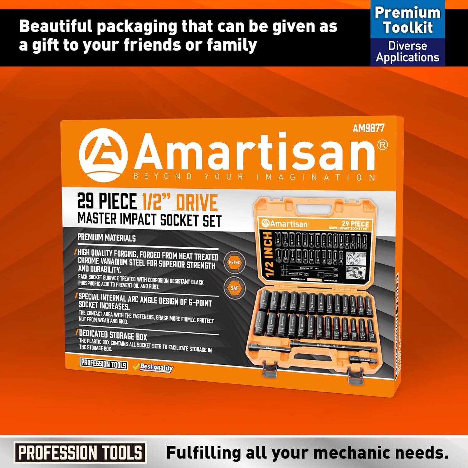 Amartisan 29-Piece 1/2″ Drive Impact Socket Set, 6 Point, One Size, Black