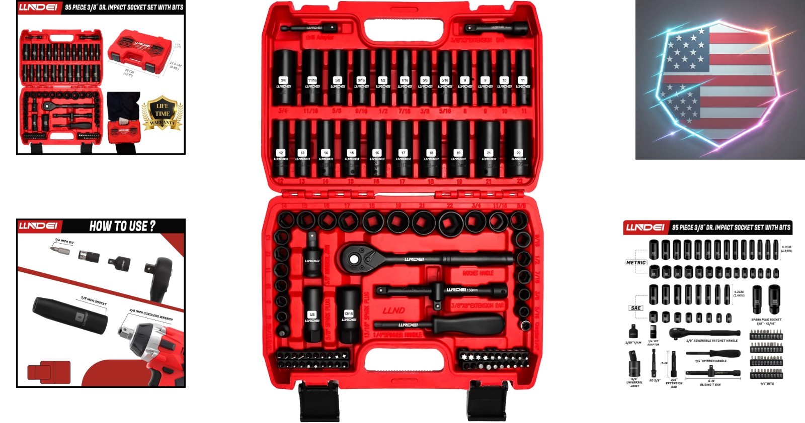 3/8”Drive Impact Socket Set,Standard SAE5/16 to 3/4-Inch Metric Size8-22mm, 9..,