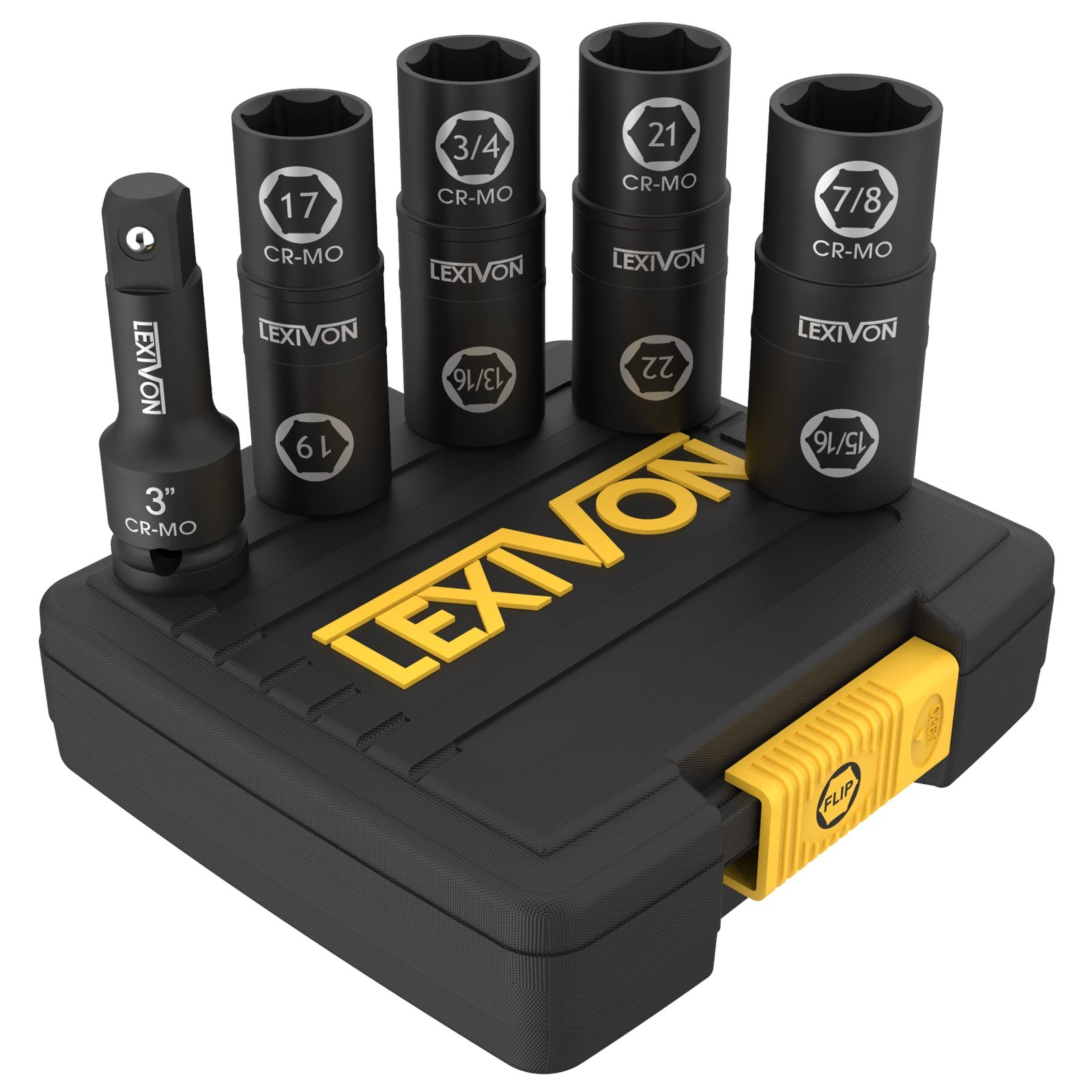 1/2″ Drive Lug Nut Impact Socket Set – 8-IN-4 Flip Design, Cr-Mo Steel, Inch & M