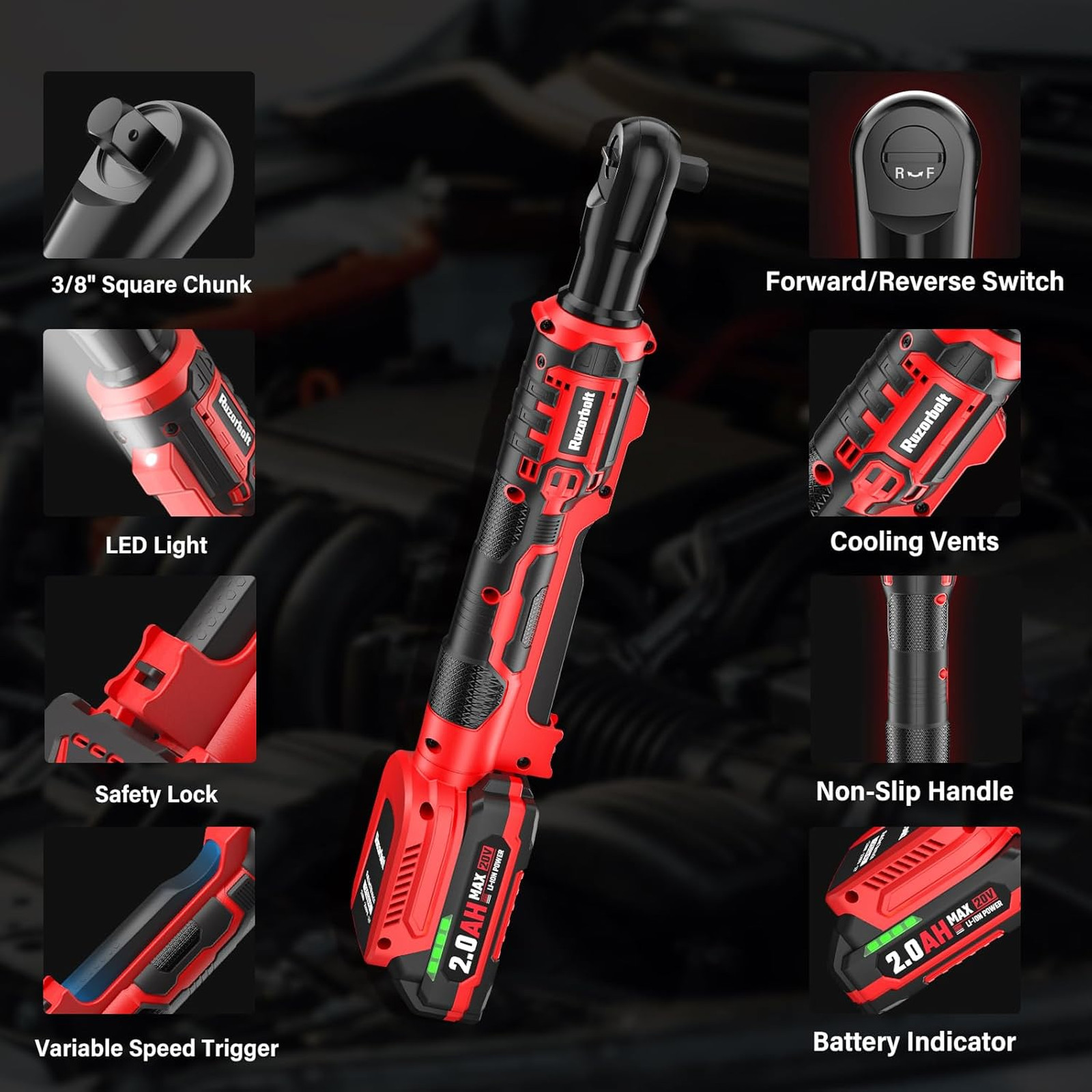 20V Cordless Ratchet Wrench 3/8″ Set, 88 Ft-lbs(120N.m), 500 RPM, Electric