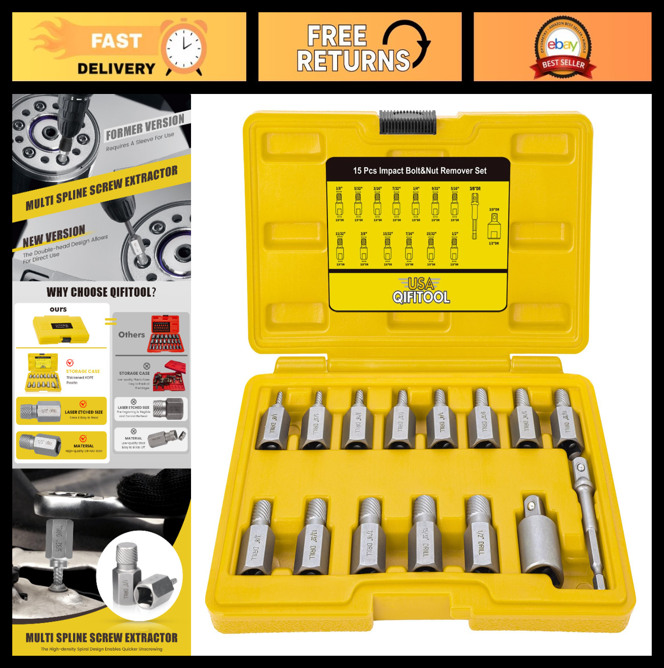 15 PCS Screw Extractor Set – Hex Head Easy Out Tool for Stripped Rusted Bolts &