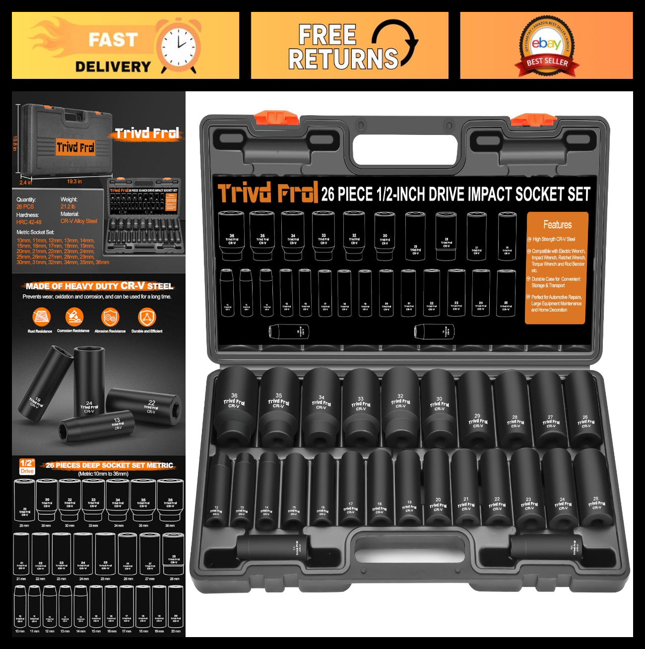 26-Piece Metric Impact Socket Set 1/2″ Drive, Deep Sockets 10mm-36mm, Cr-V Steel