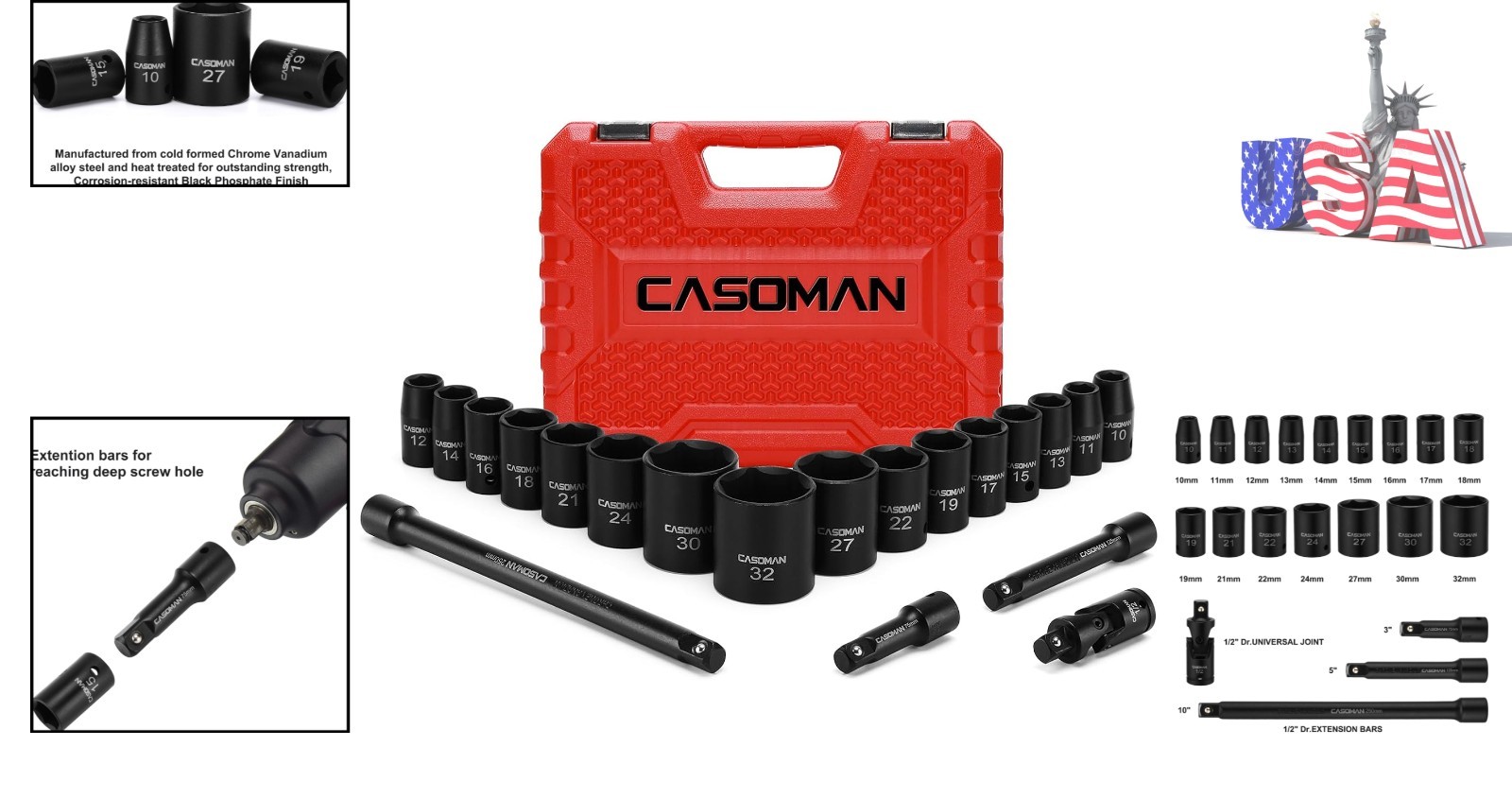 1/2-Inch Drive Impact Socket Set, 10mm-32mm, Durable CR-V Construction