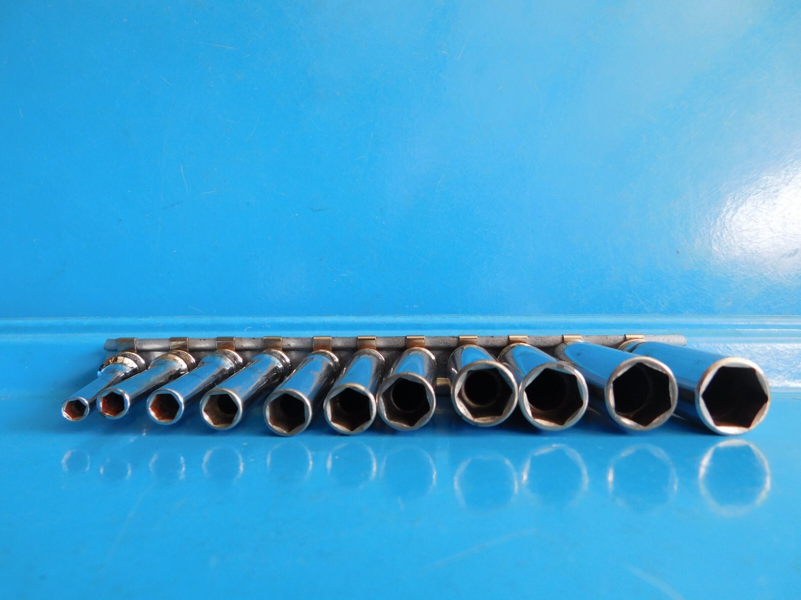 USED, SNAP ON 1/4 IN. DR. DEEP SOCKETS , 11 PC’S. 4MM THRU 14MM