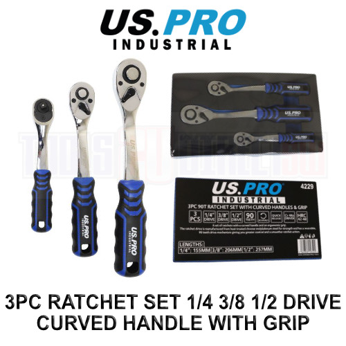 US PRO INDUSTRIAL 3pc 90t Ratchet Set 1/4 3/8 1/2 Drives Curved Handle With Grip