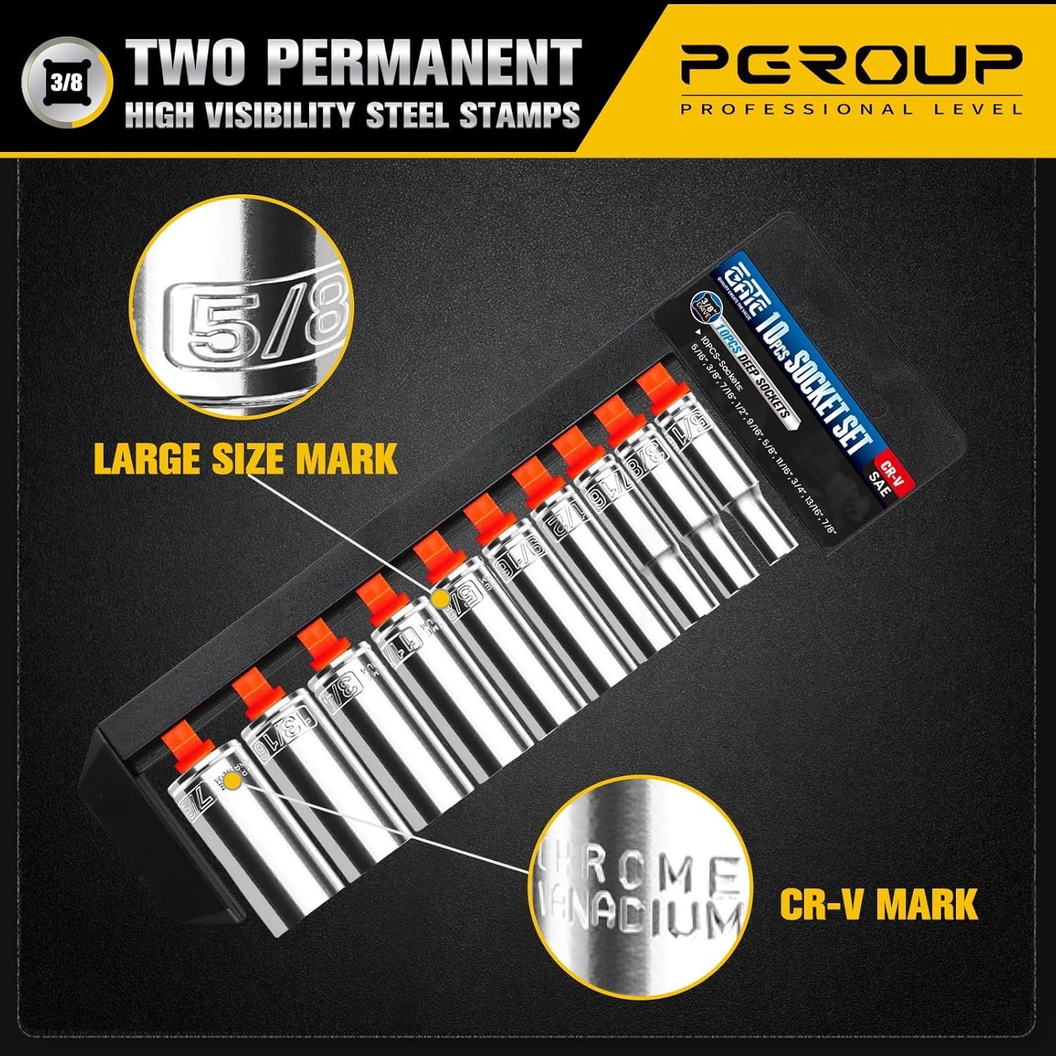 Durable 10PC Cr-V Deep Socket Set – 3/8″ Drive with High Visibility Markings