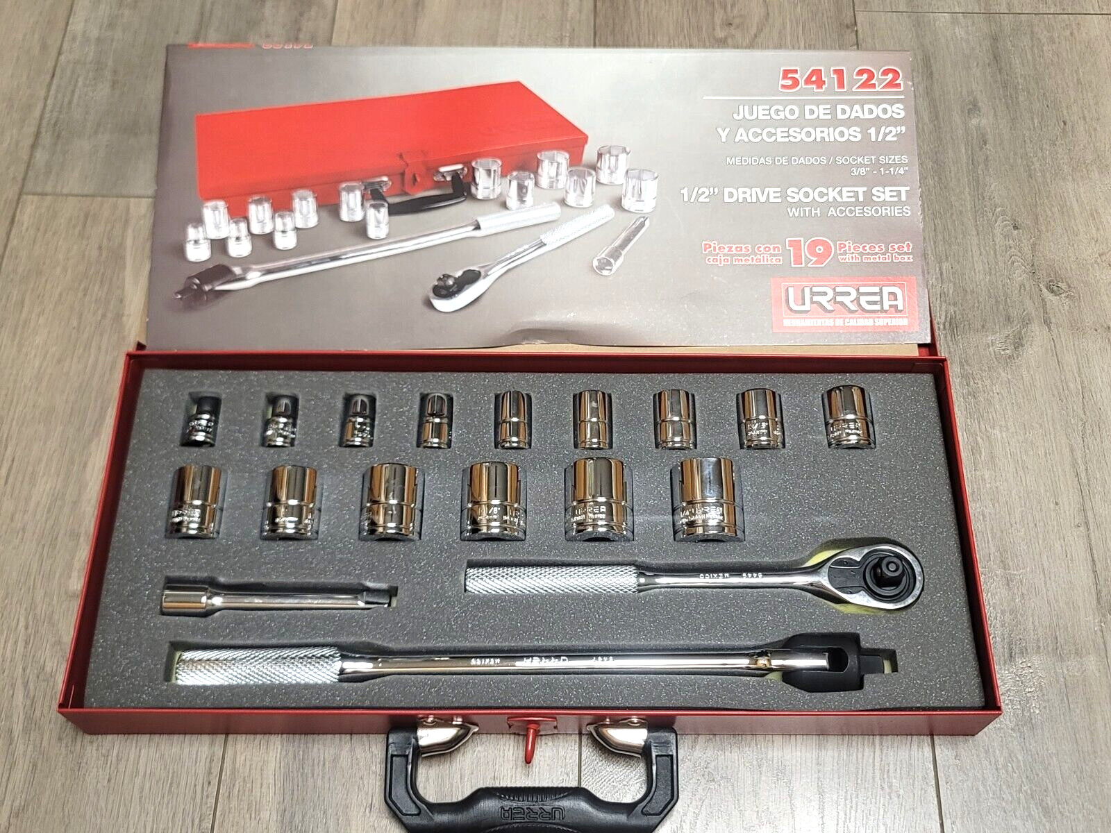 Urrea Tools 19pc 1/2 dr Socket & Ratchet Set 3/8 to 1-1/4″ w/Box Mexico #54122