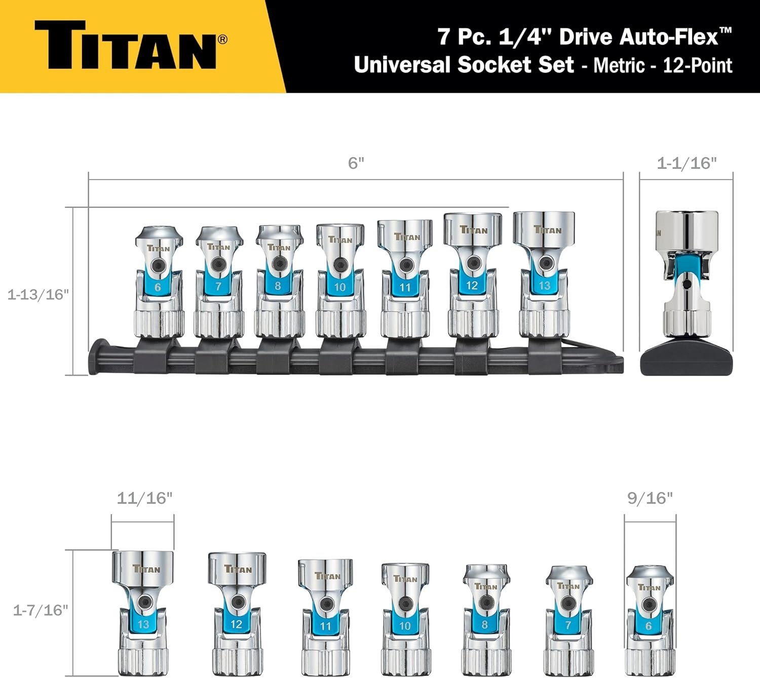 Titan 66840 7-Piece 1/4-Inch Drive Metric Auto Flex Universal Socket Set, 12-Pt