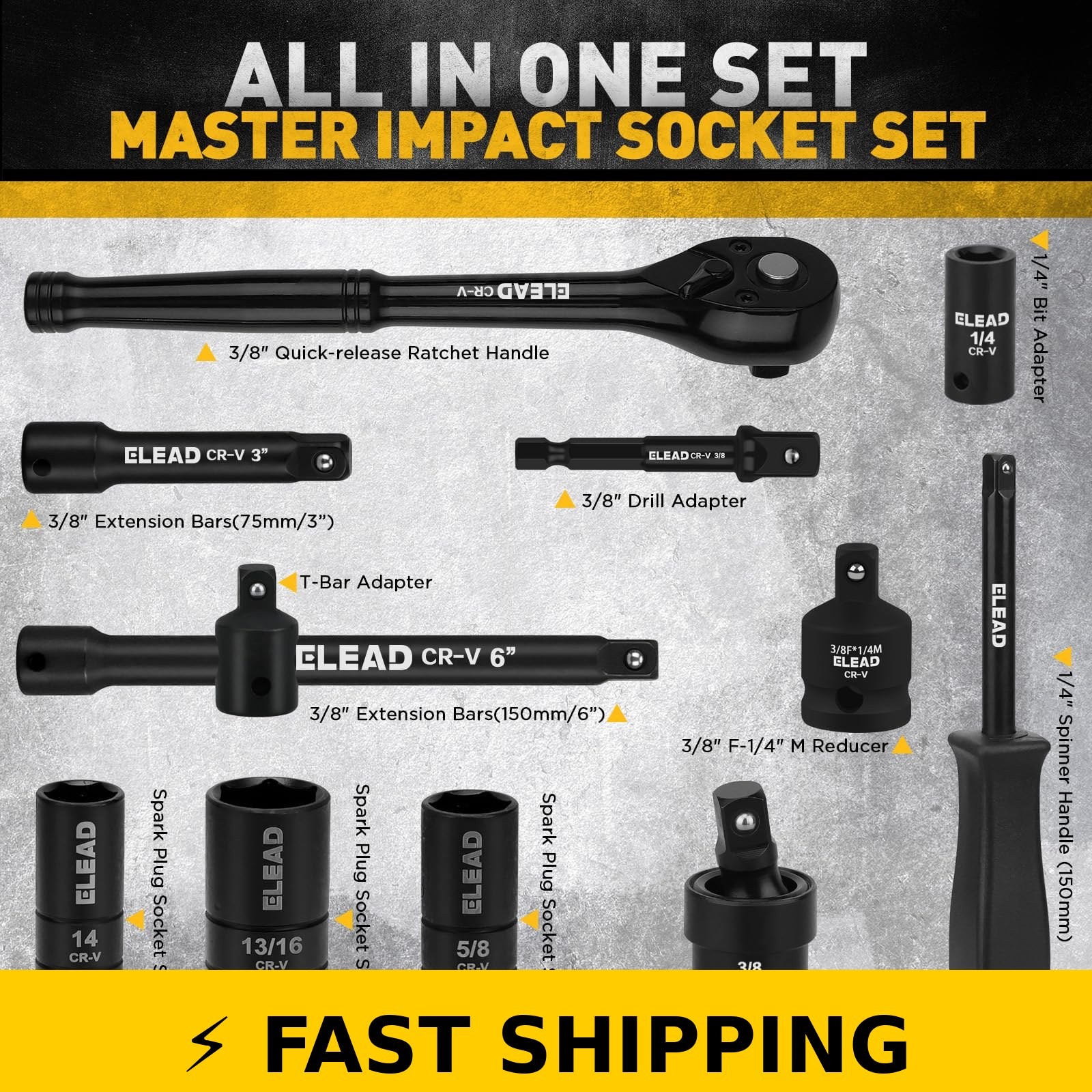 ELEAD 96-Piece 3/8″ Drive Impact Socket Set – SAE & Metric