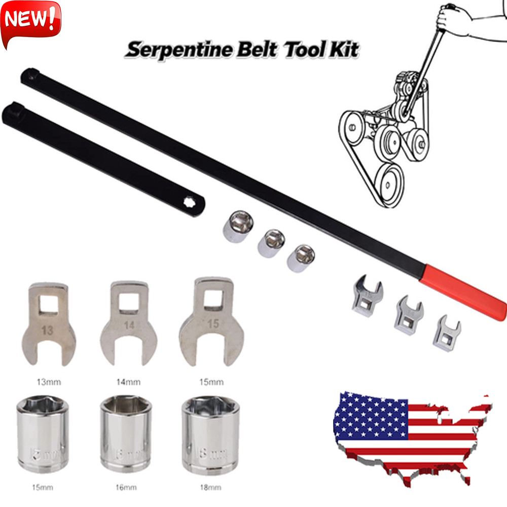 8PC Serpentine Belt Tension Tool 1/2″ 3/8″ Square Universal Belt Removal Wrech