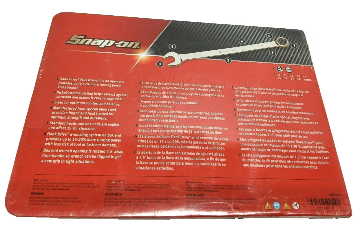 Snap-On 10-piece metric flank drive plus combination wrench set 10-19mm soexm710