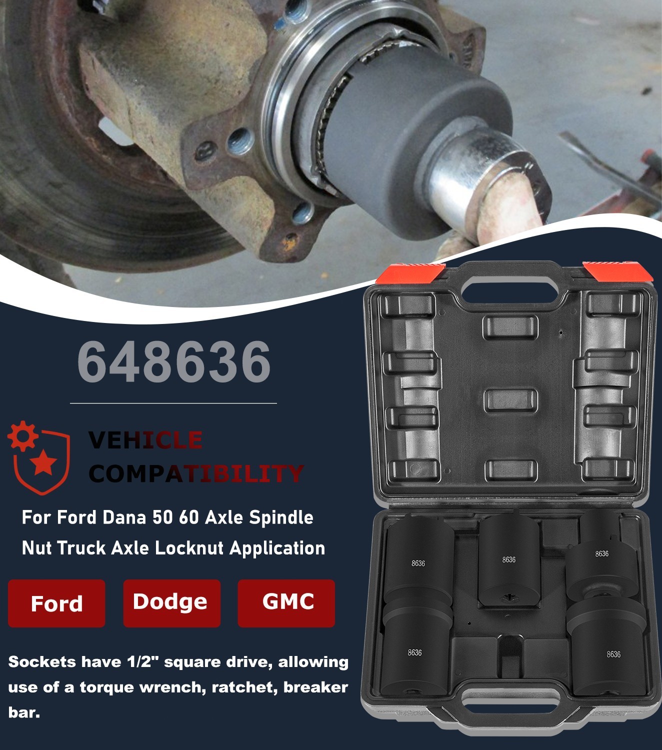 5pcs Spindle Nut Sockets Kit Axle Hub Nut Socket For Ford Dana 50/60, 1/2″ Drive