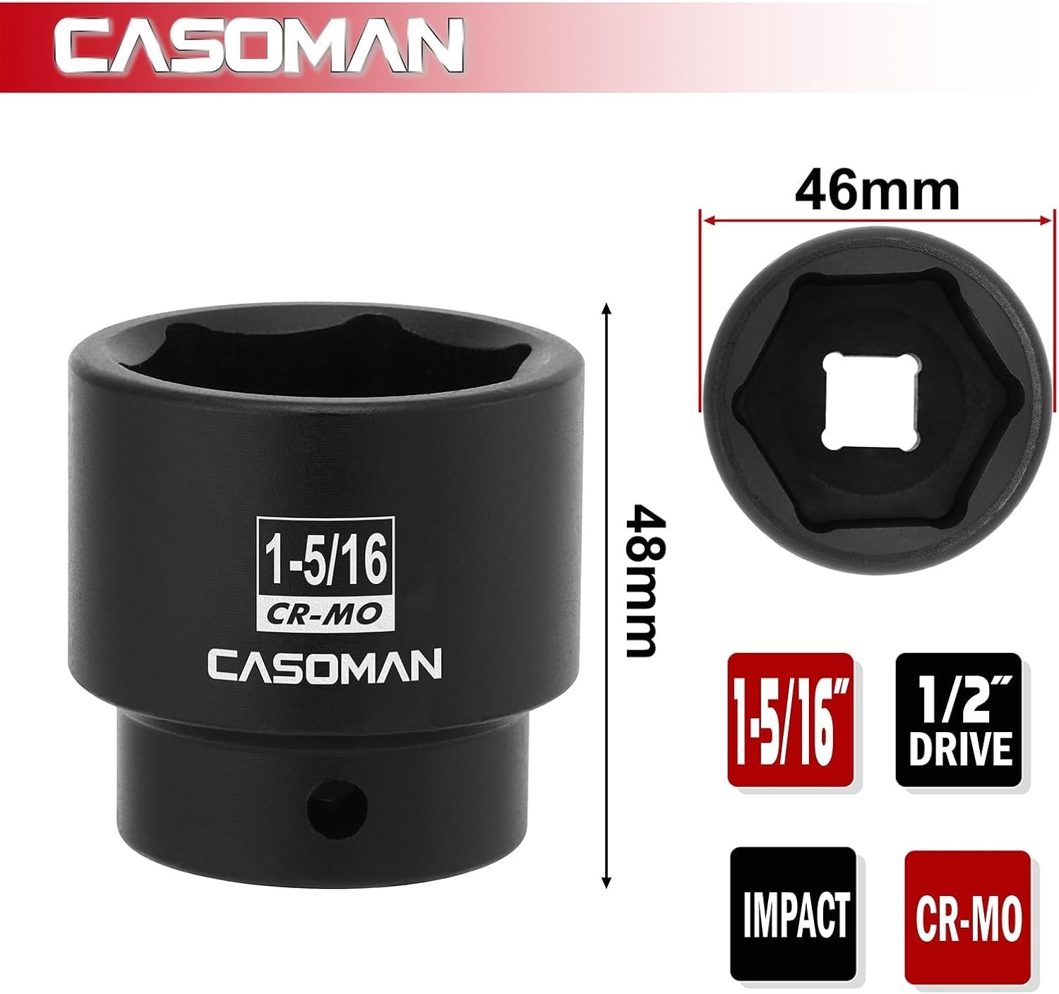 Heavy-Duty 1/2″ Drive Impact Socket, 1-5/16″ – 6-Point CR-MO with Laser Markings