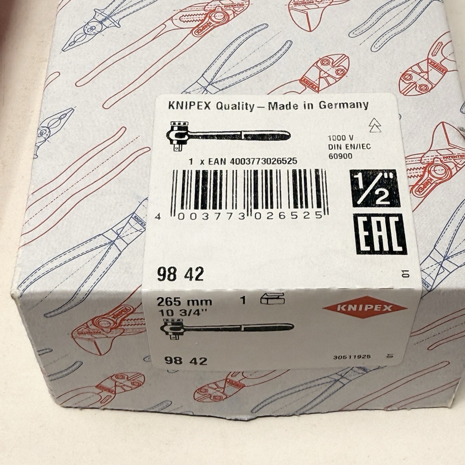 Knipex 98 42, 10 3/4″ Reversible Ratchet, 265mm Drive-1000V Insulated