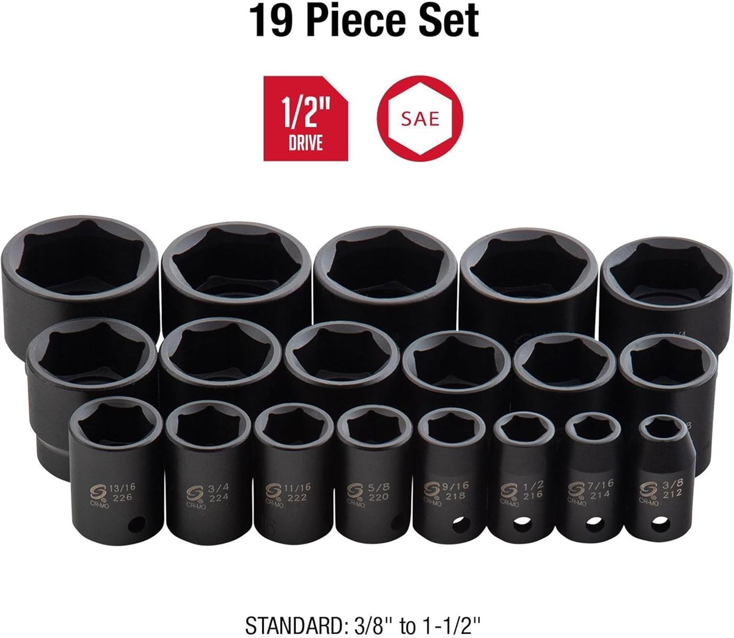 Pro 19-Piece SAE Impact Socket Set 1/2″ Drive Cr-Mo Steel Heavy Duty Case
