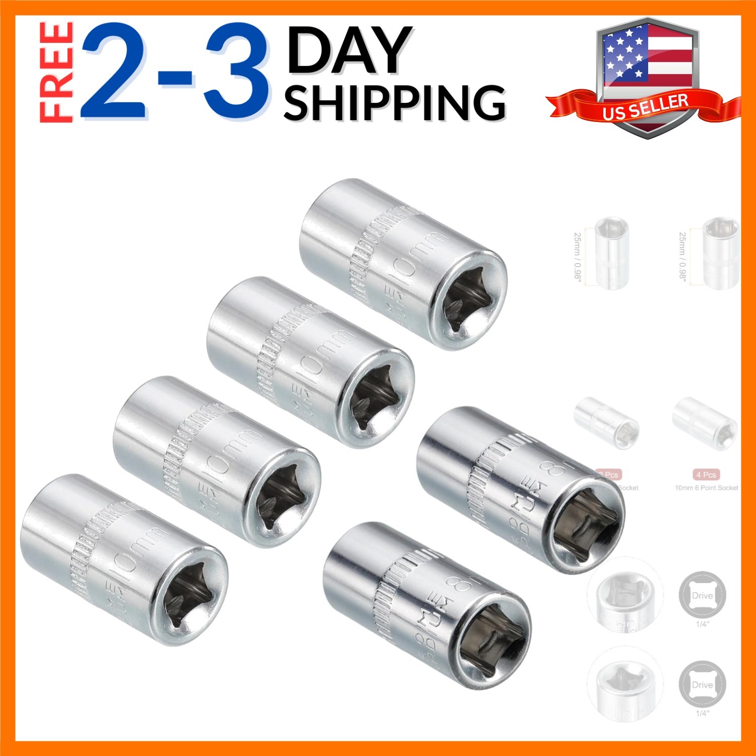 1/4-inch Drive by 8mm and 10mm Shallow Socket Set of 6 Pcs, Metric 6-Point, C…