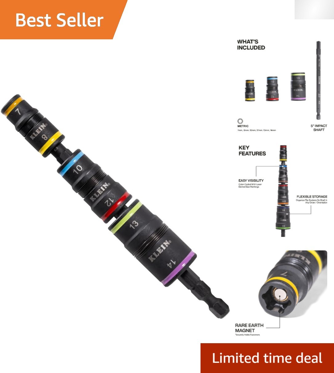 Impact Socket Set with 3 Flip Sockets – Hex Sizes 7-14mm, Quick Connect