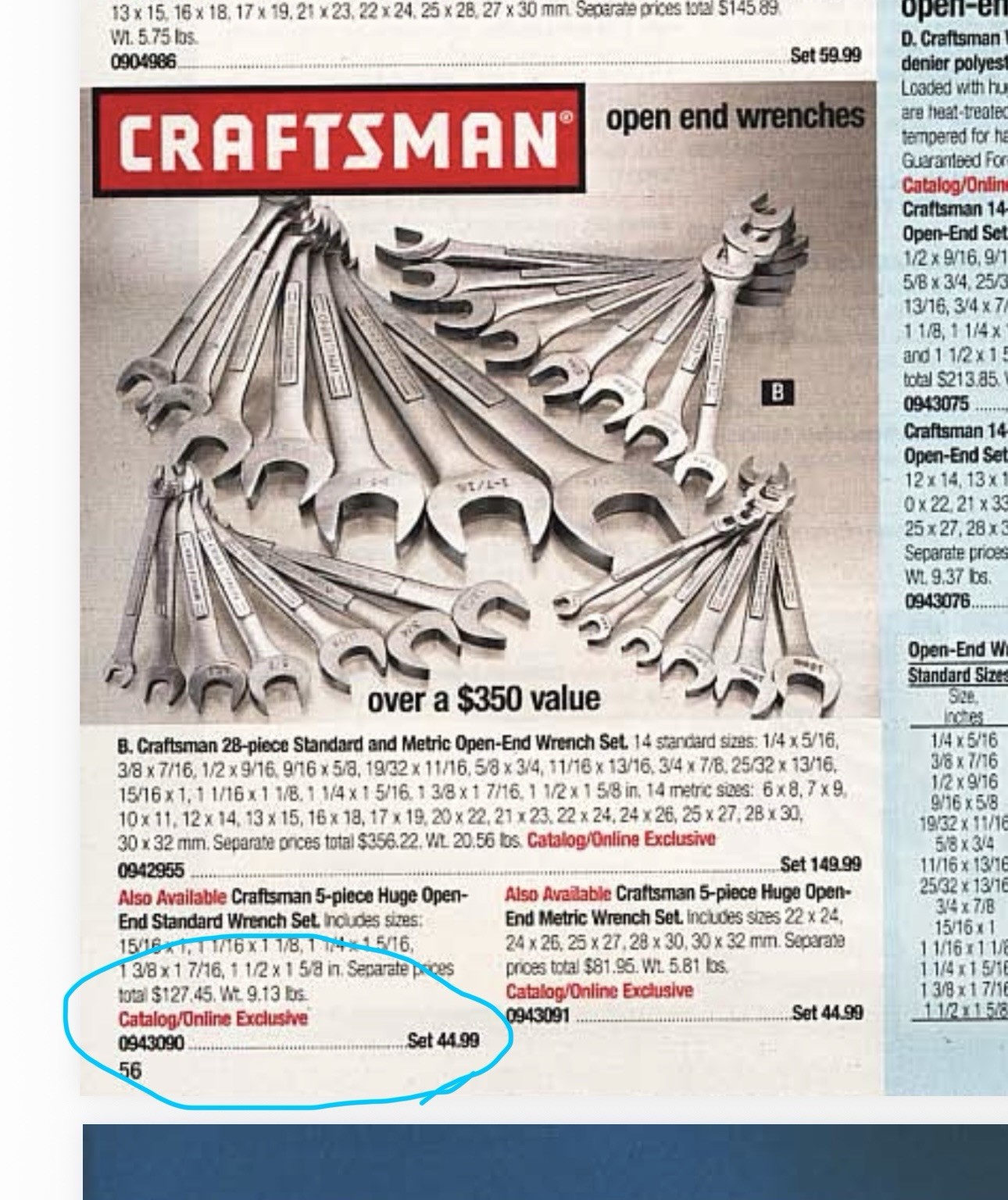 Sears Craftsman USA Nos Catalog only Double Open End Wrench Set 43090 5pc Jumbo