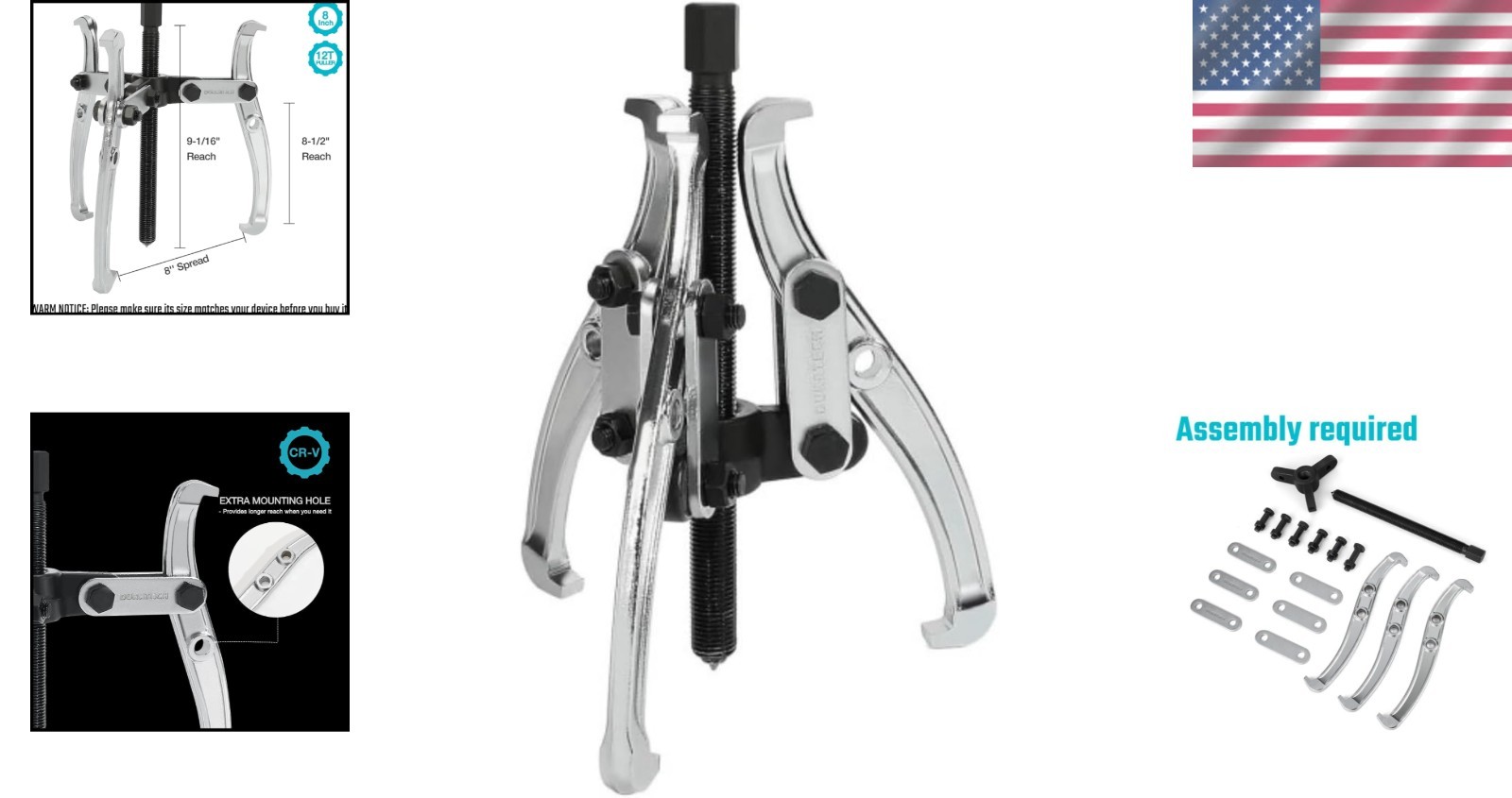 Heavy-Duty 8-Inch Gear Puller, CR-V Steel, Black Phosphated