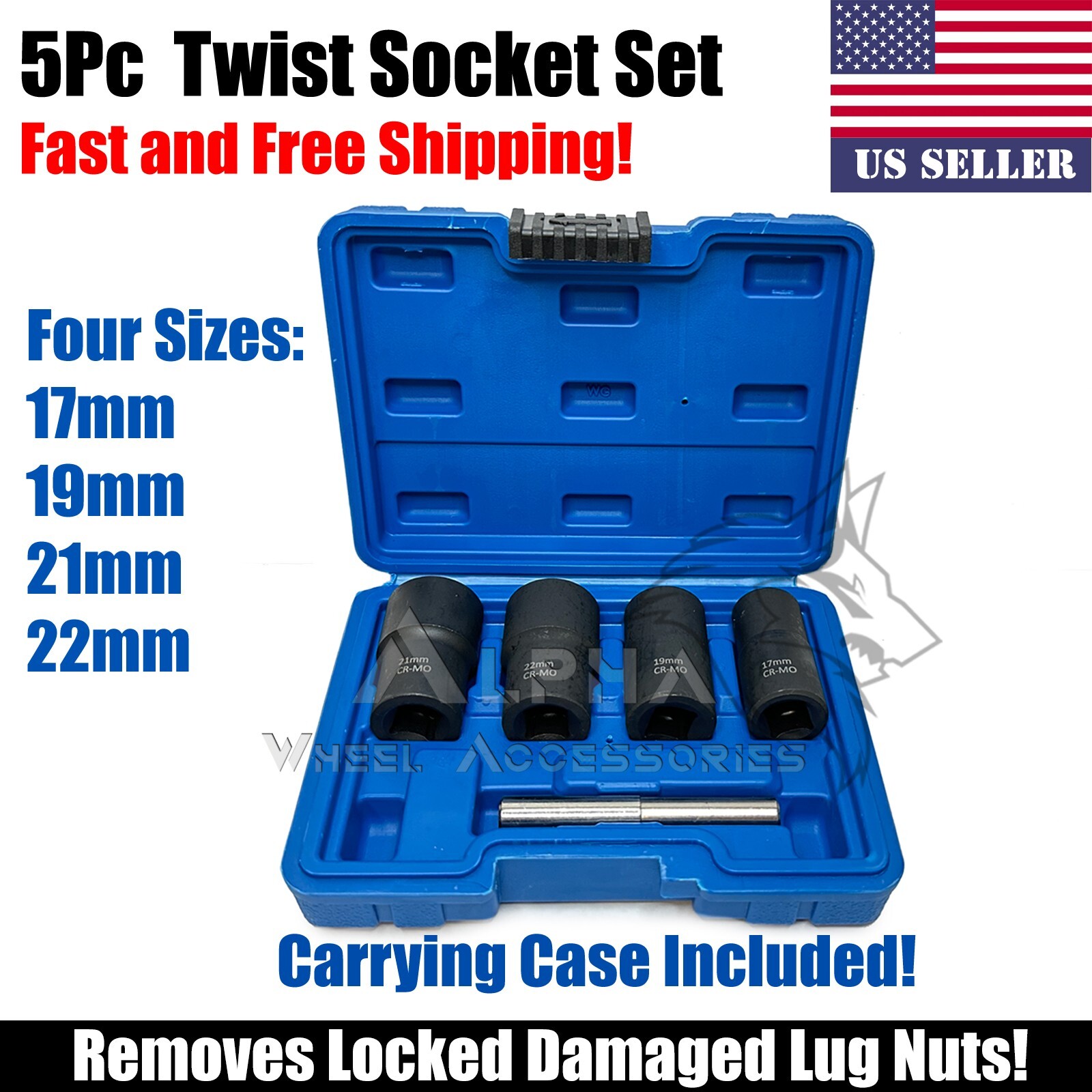 5Pc Wheel Lug Nut Remover 1/2″ Drive Twist Socket Kit Remove Damaged Locked Nuts