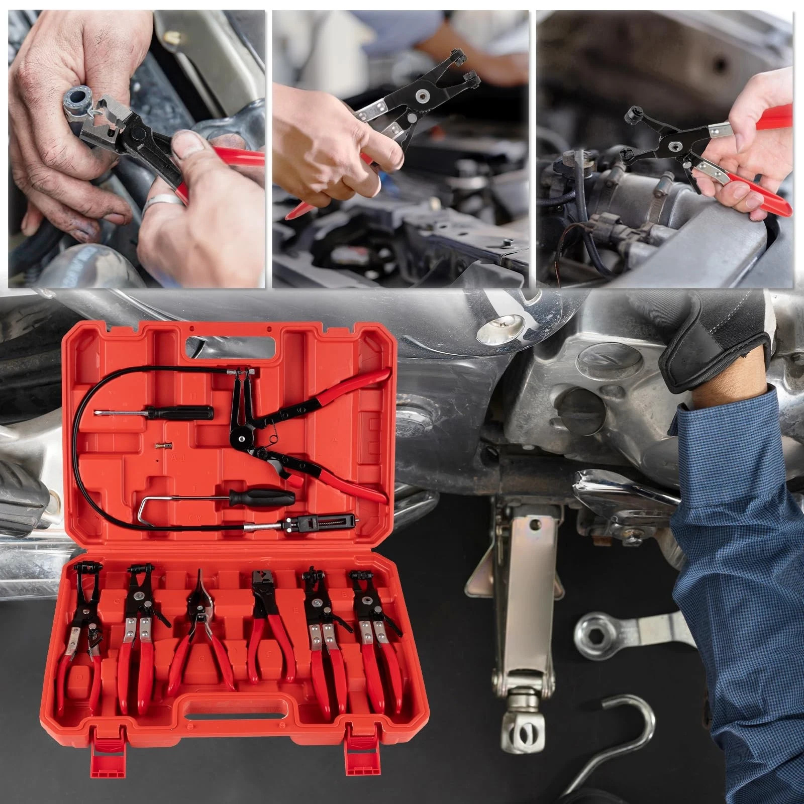9Pc Hose Clamp Clip Remover Pliers Long Reach Kit Fuel Water Hose Tool