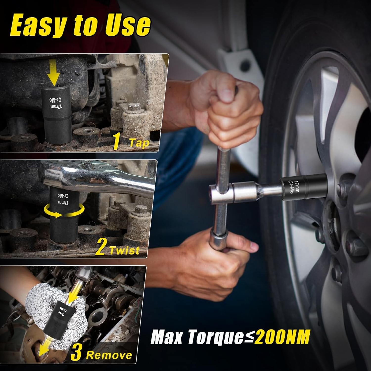 17mm Hand Tool Lug Nut Extractor, Black Phosphate Coated for Maximum Durability