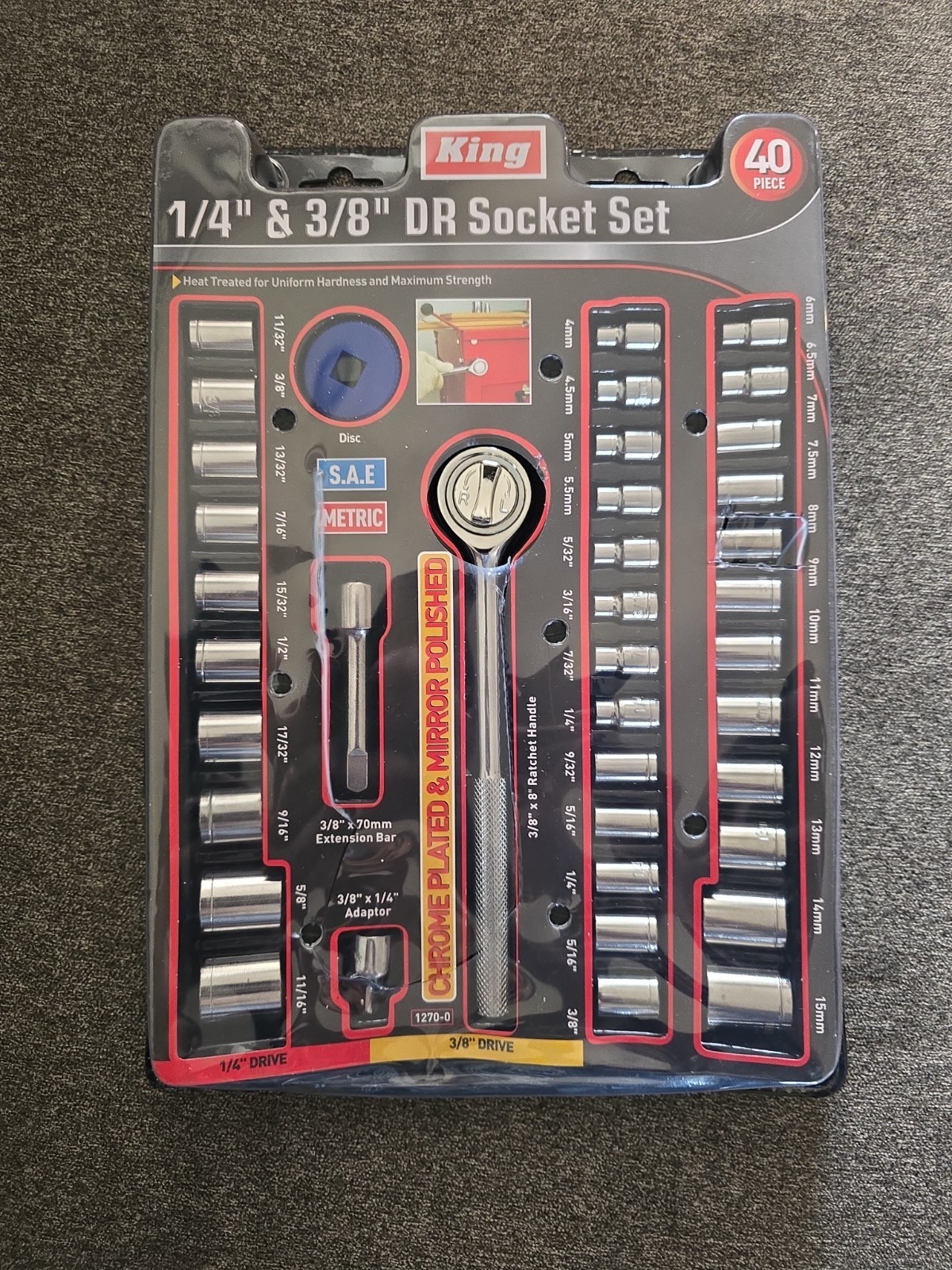 40-piece King Tools socket set featuring both 1/4″ and 3/8″ drive sizes.
