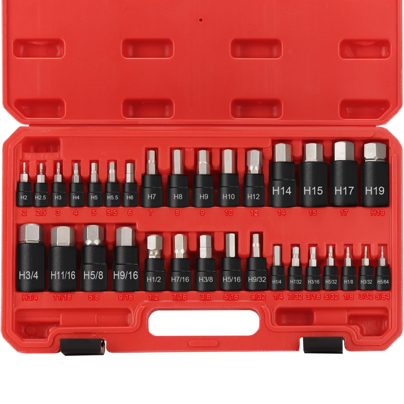 32-Piece Hex Impact Bit Socket Set, SAE & Metric, 1/4″ 3/8″ 1/2″ Drives, S2 Stee