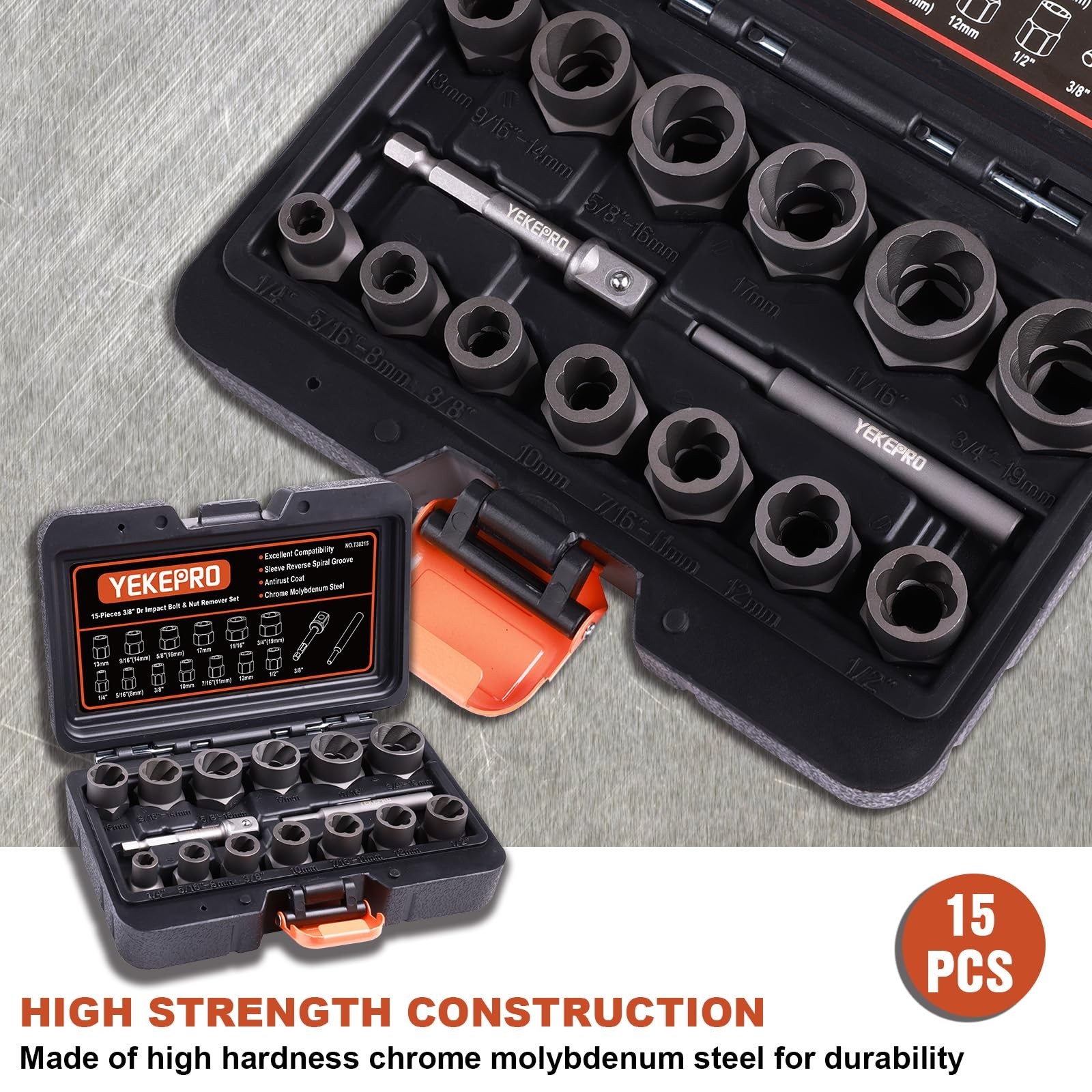 15 PCS Bolt Extractor Set – 3/8″ Drive Impact Tool for Stripped, Rusted & Damage