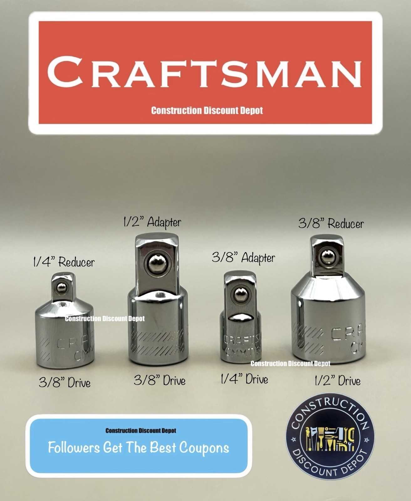Craftsman 4 pc Socket Adapter Reducer Set 3/8″ In. 1/2-in. & 1/4-in Drive