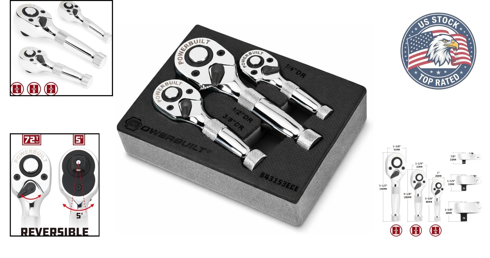 3-Piece Stubby Ratchet Set: 1/4, 3/8, 1/2-Inch Chrome Vanadium for Tight Spaces