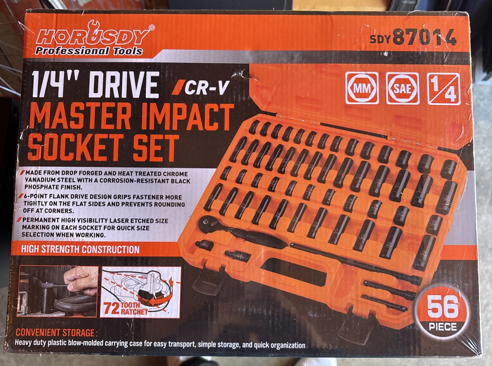 Horusdy 56Pcs 1/4″ Drive Impact Socket Set CrV SAE Metric 87014 New Open Box
