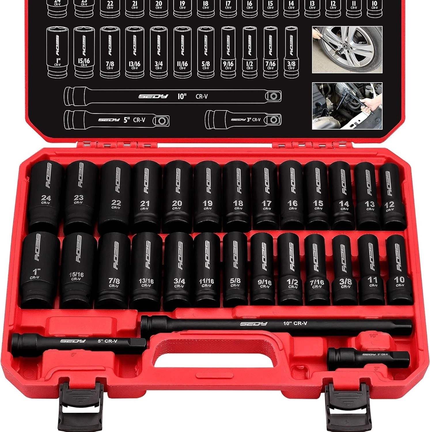 High Durability 29-Piece Chrome Vanadium Impact Socket Set with Extension Bars