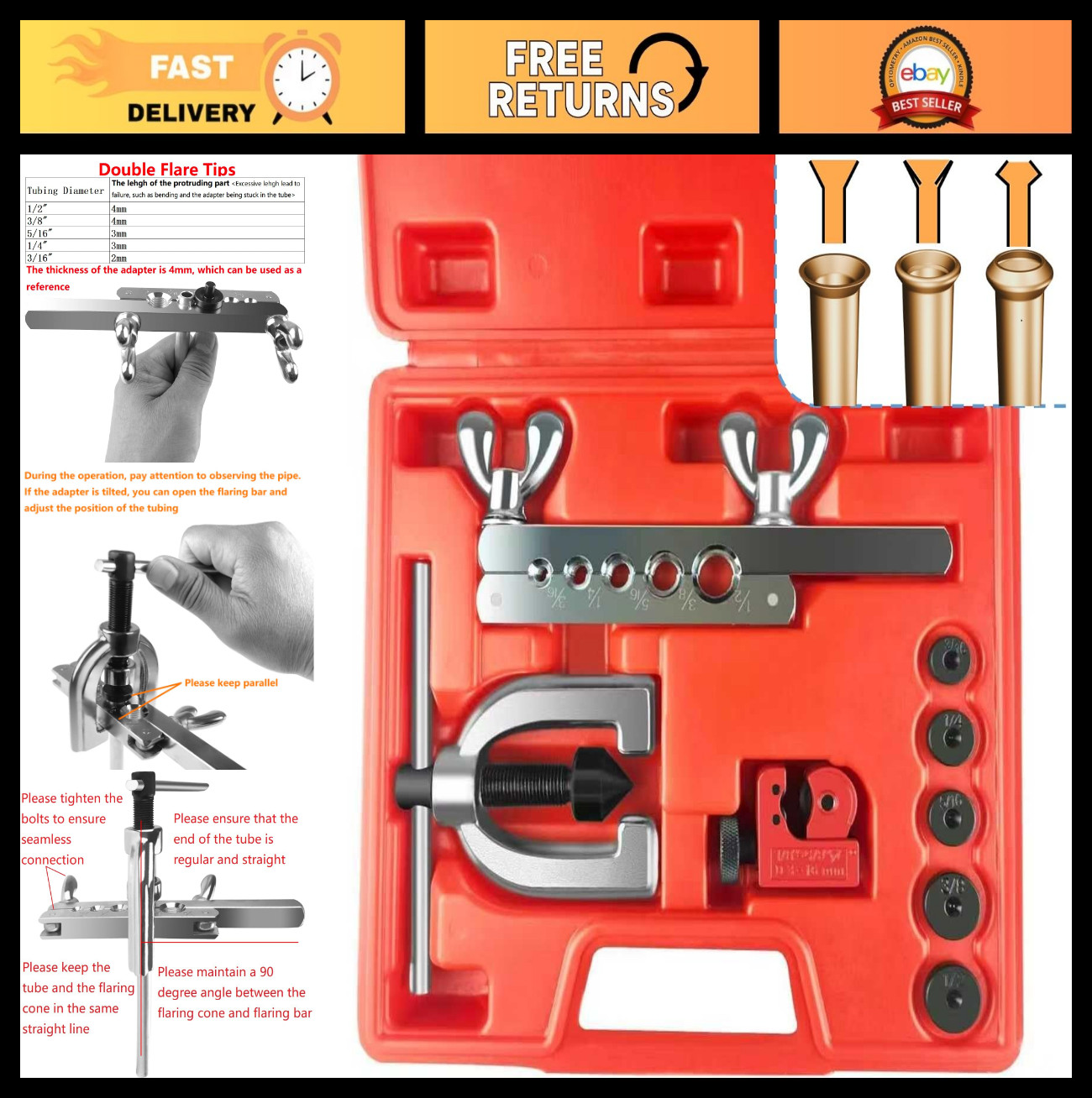 Brake Line Flaring Tool Kit – 3/16″ to 1/2″ Double & Single Flare for Copper/Alu
