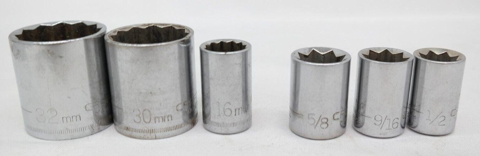 Craftsman 12 & 8 Pt 1/2″ Drive Sockets 30 32 16mm 5/8 9/16 1/2″ Mixed Lot of 6