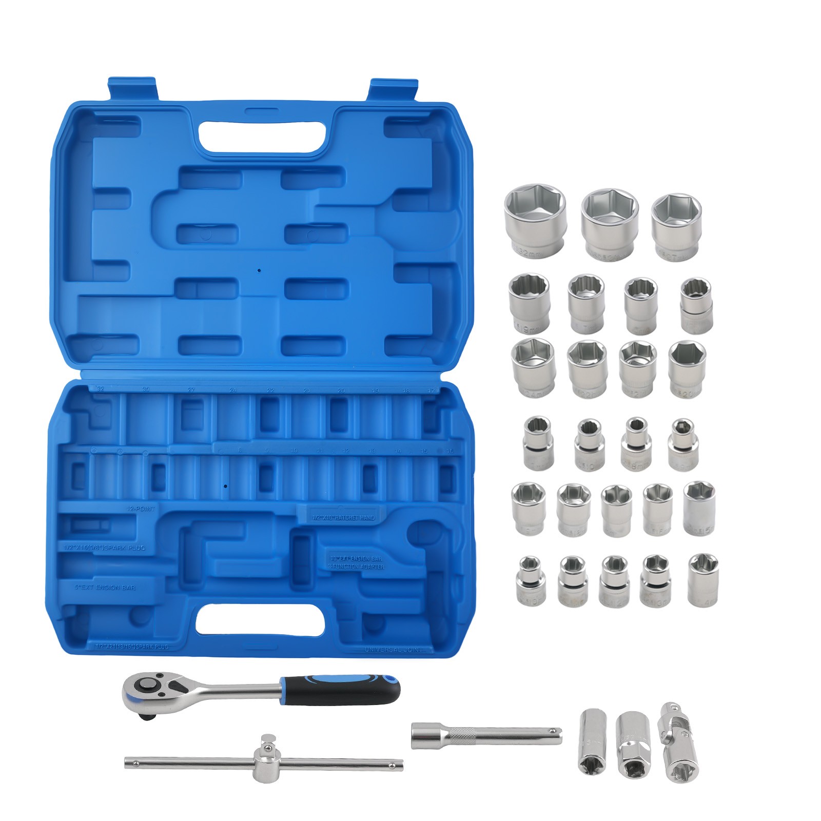 1/2″ Socket Wrench Set 32PC 8-32mm Chrome Vanadium 6/12 Point Extension Bar