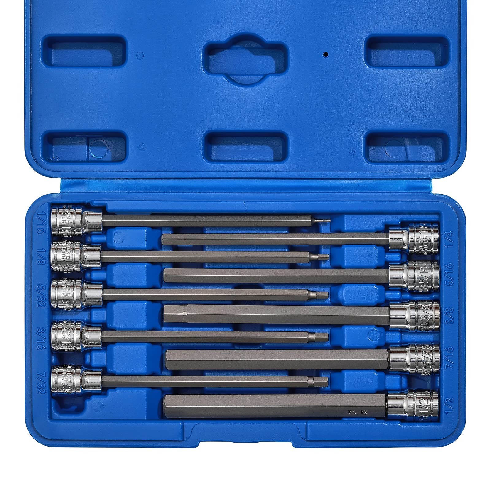 Extra Long 3/8″ Drive Allen Hex Bit Socket Set, 10 Pieces, SAE S2 & CR-V, 1/16″-