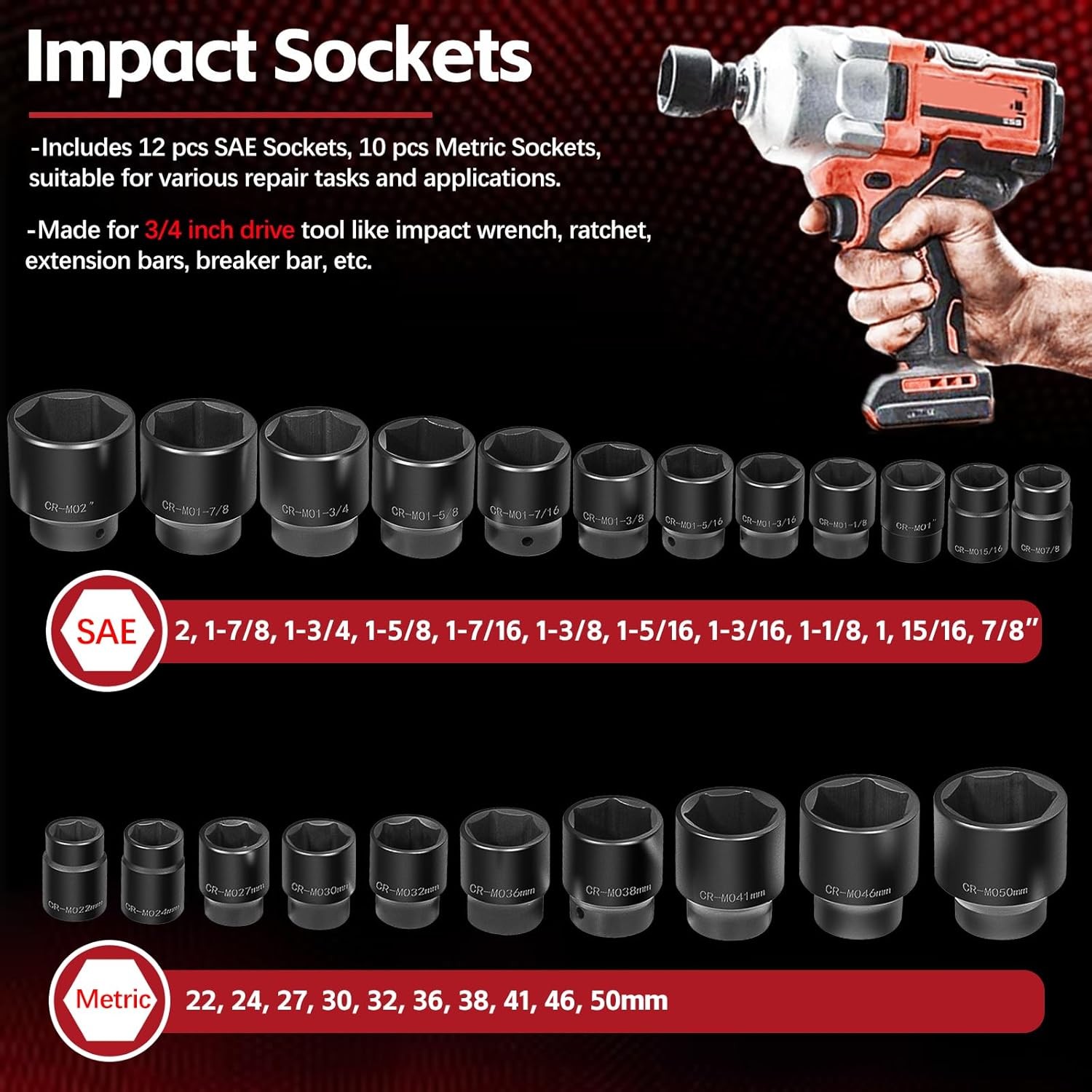 3/4″ Drive Impact Socket Set – Standard SAE (7/8″ to 2″) Metric (22 to 50 mm)