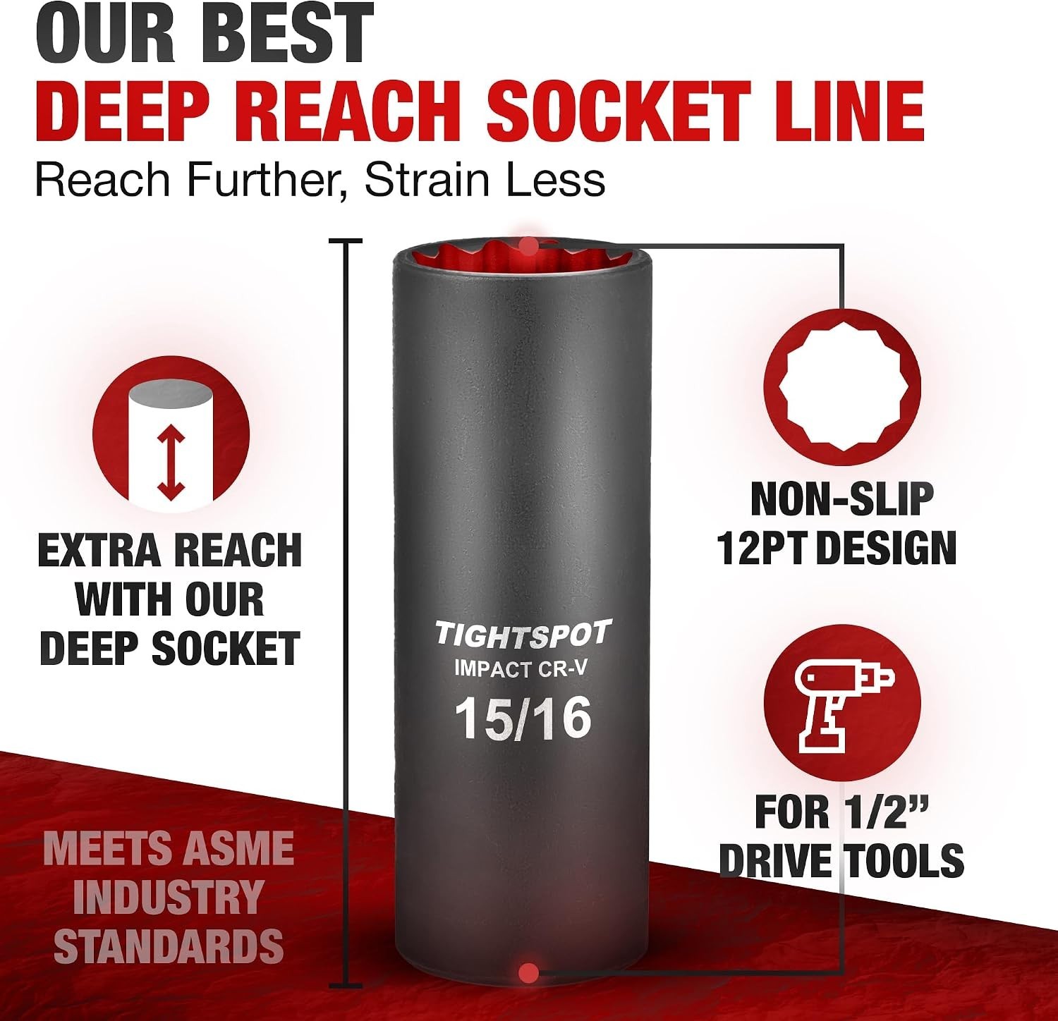 1/2 Inch Drive – 15/16 Inch Deep Impact Socket with Anti-Rounding 12 Point De…
